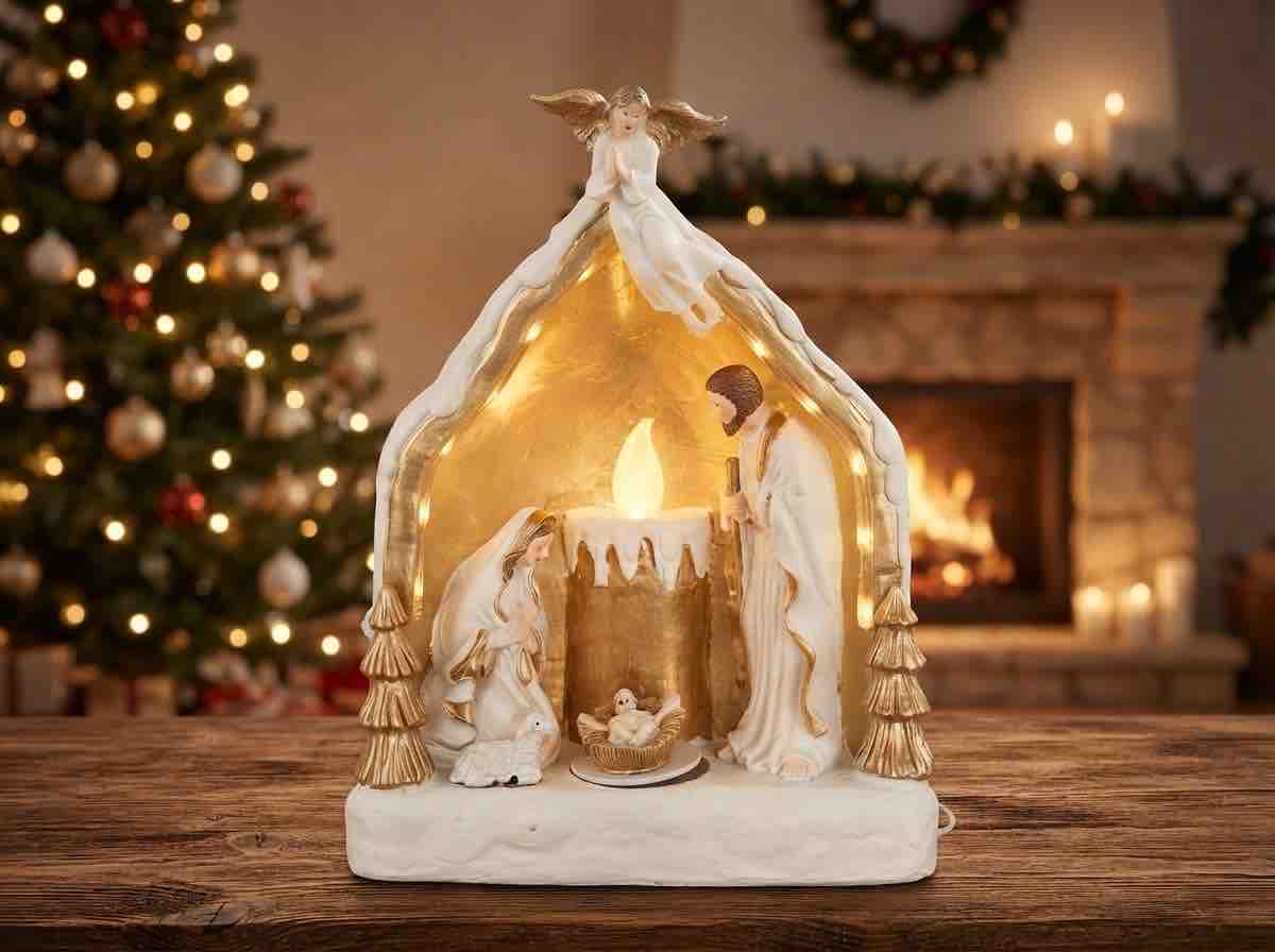 Pesebre dorado con blanco, con movimiento y música (REF: NL246)