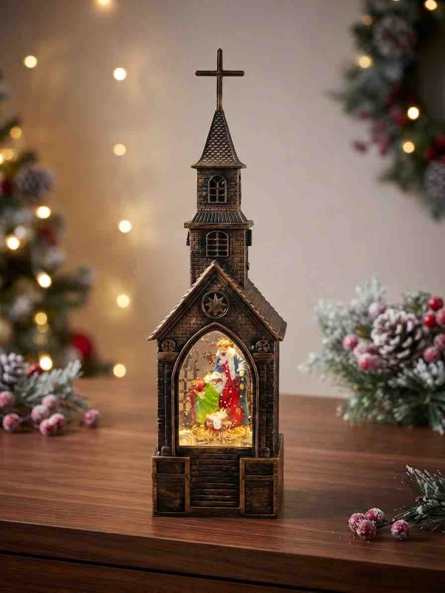 Iglesia con pesebre, luz, música y escarcha (REF: NL238)